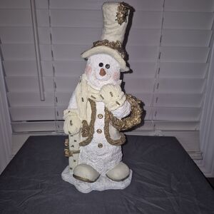 Vintage Style 12.5 inch Tall White & Gold Snowman Figurine with Wreath & Top Hat